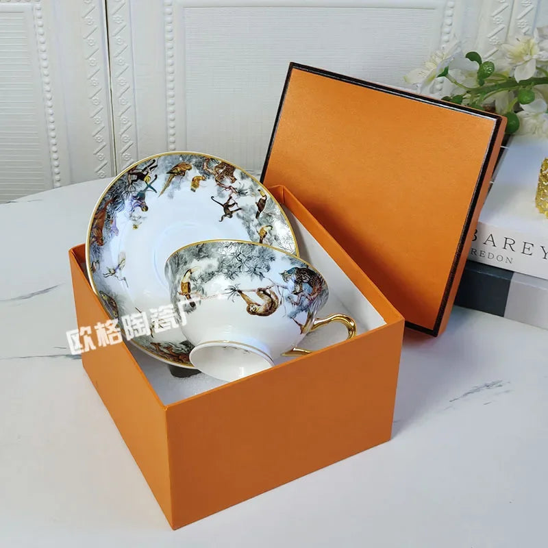 English Bone China Tea Set - Gold Trim Coffee Cups, Saucers & Cake Plates, Classic Afternoon Tea