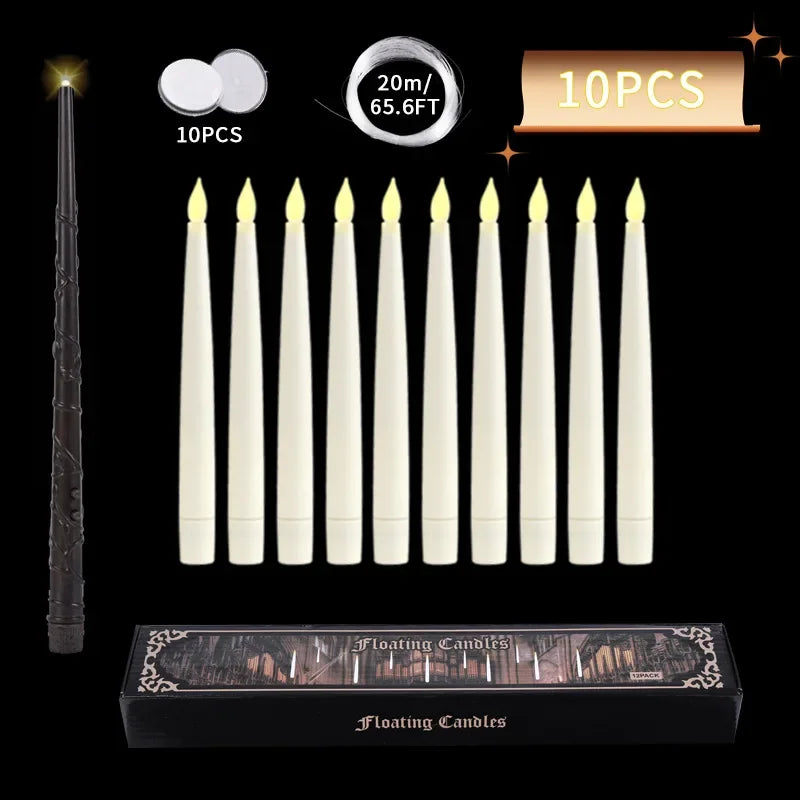 12/10 PCS LED Floating Candles with Magic Wand Flameless Flying Candle Flickering Burning Candles for Wedding Holiday Decoration
