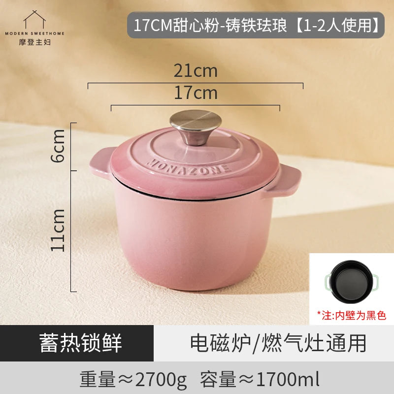 Enameled Mini Cast Iron Dutch Oven 1.7L for Cooking Bake Bread Cast Iron Pot Casserole Dish Heavy Milk Pot Pink Kitchen Stew Pot