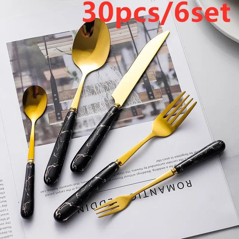 30pcs Cutlery Sets Gold Fork Spoon Knife Set Ceramic Tableware 304 Stainless Steel Dinner Set Cutlery Spoons Sets DropShipping