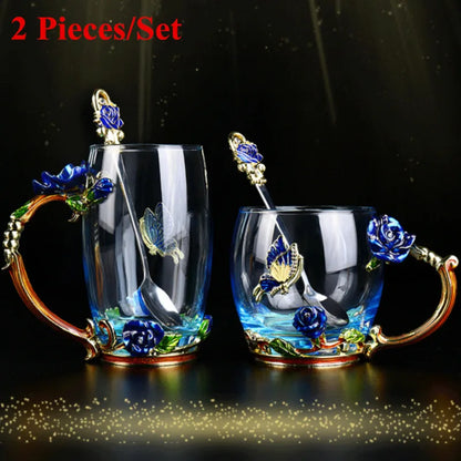 Handmade Enamel Tea Cup Set - Crystal Flower Tea Cup for Milk & Lemon
