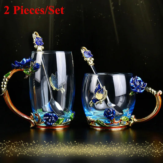 Handmade Enamel Tea Cup Set - Crystal Flower Tea Cup for Milk & Lemon