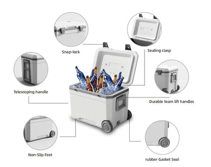 45L Portable Ice Chest Cooler with Wheels - Insulated Outdoor Camping Cooler Box