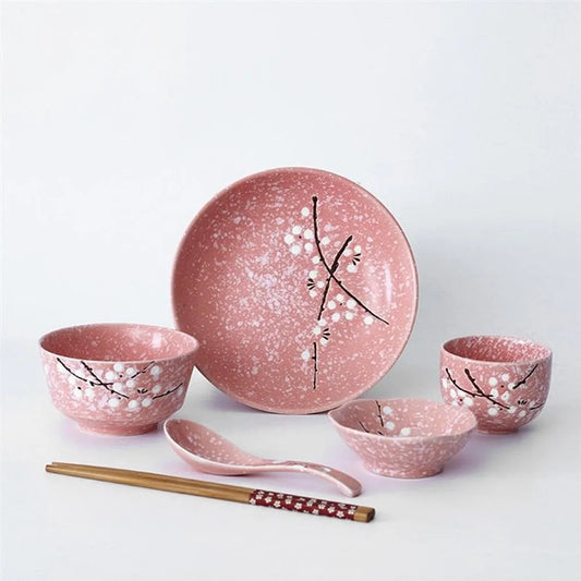 6-Piece Set Japanese Rice Bowl Dishes, Chopsticks, Spoon Ceramic Tableware Household Single Food