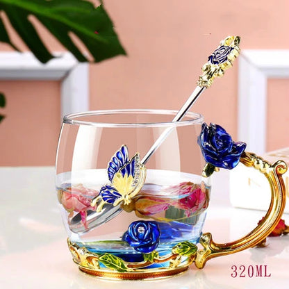 Handmade Enamel Tea Cup Set - Crystal Flower Tea Cup for Milk & Lemon