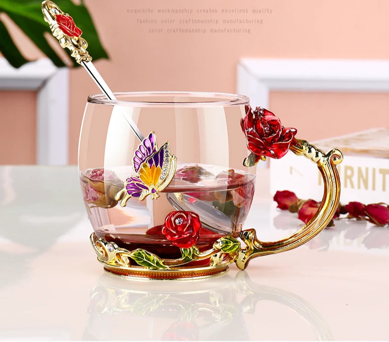Handmade Enamel Tea Cup Set - Crystal Flower Tea Cup for Milk & Lemon