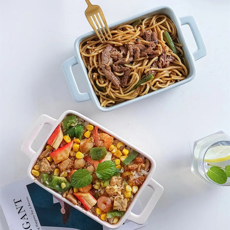Binaural Rectangular Ceramic Plate - Oven Bakeware Dinner Plate & Salad Bowl