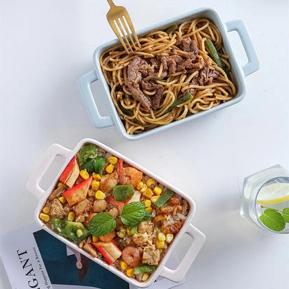 Binaural Rectangular Ceramic Plate - Oven Bakeware Dinner Plate & Salad Bowl