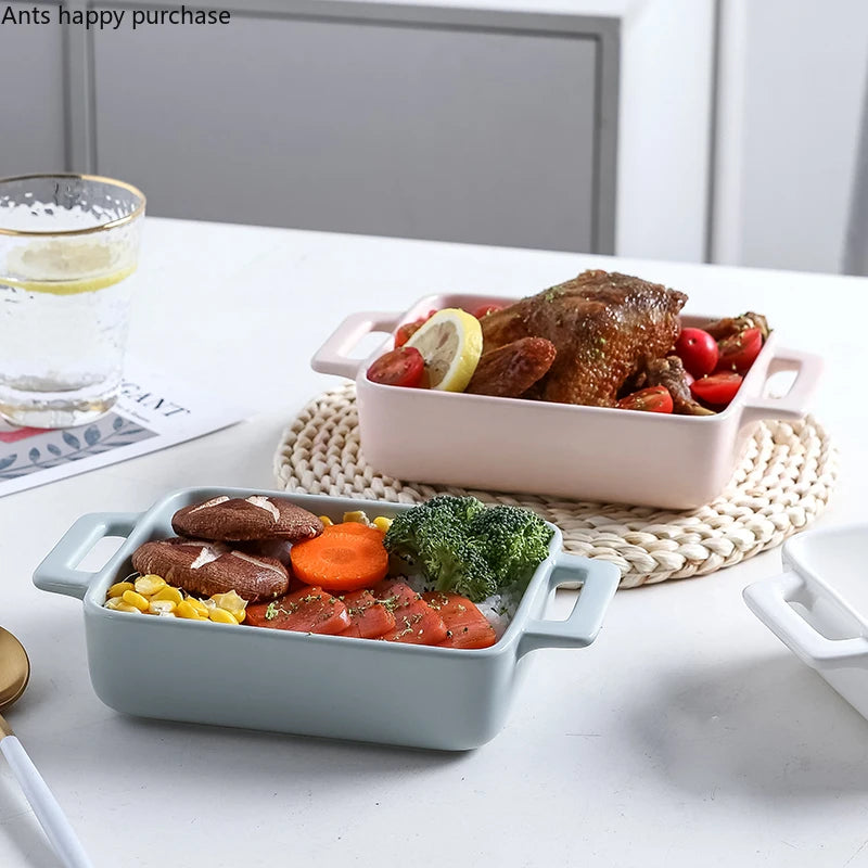 Binaural Rectangular Ceramic Plate - Oven Bakeware Dinner Plate & Salad Bowl
