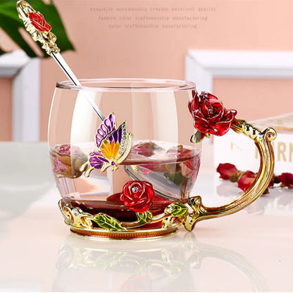 Handmade Enamel Tea Cup Set - Crystal Flower Tea Cup for Milk & Lemon