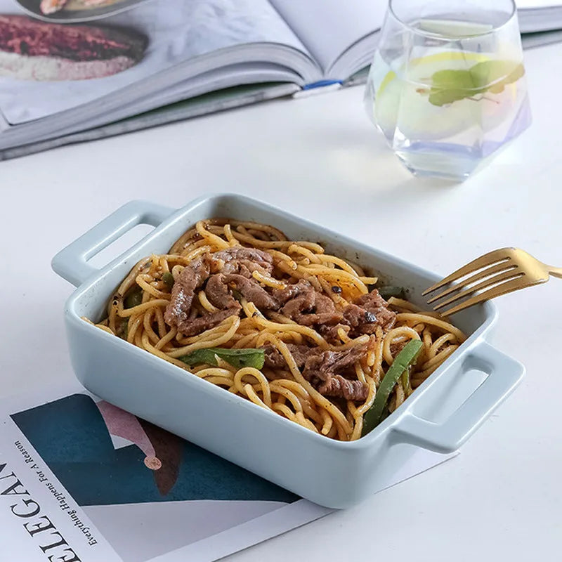 Binaural Rectangular Ceramic Plate - Oven Bakeware Dinner Plate & Salad Bowl