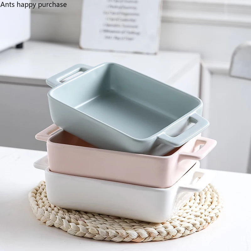 Binaural Rectangular Ceramic Plate - Oven Bakeware Dinner Plate & Salad Bowl