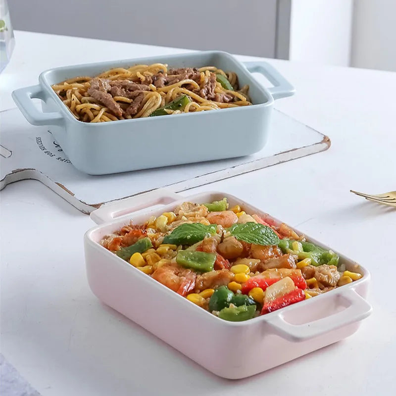 Binaural Rectangular Ceramic Plate - Oven Bakeware Dinner Plate & Salad Bowl