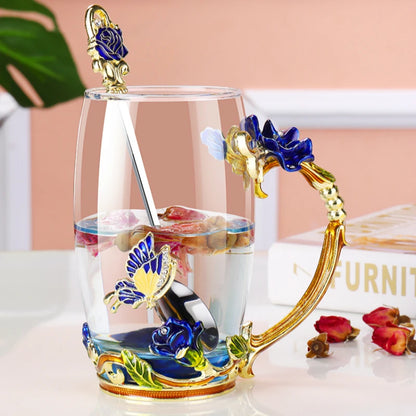 Handmade Enamel Tea Cup Set - Crystal Flower Tea Cup for Milk & Lemon