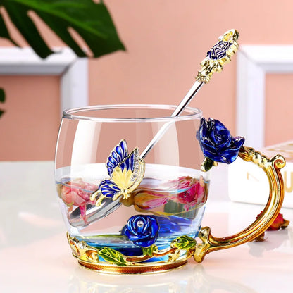 Handmade Enamel Tea Cup Set - Crystal Flower Tea Cup for Milk & Lemon