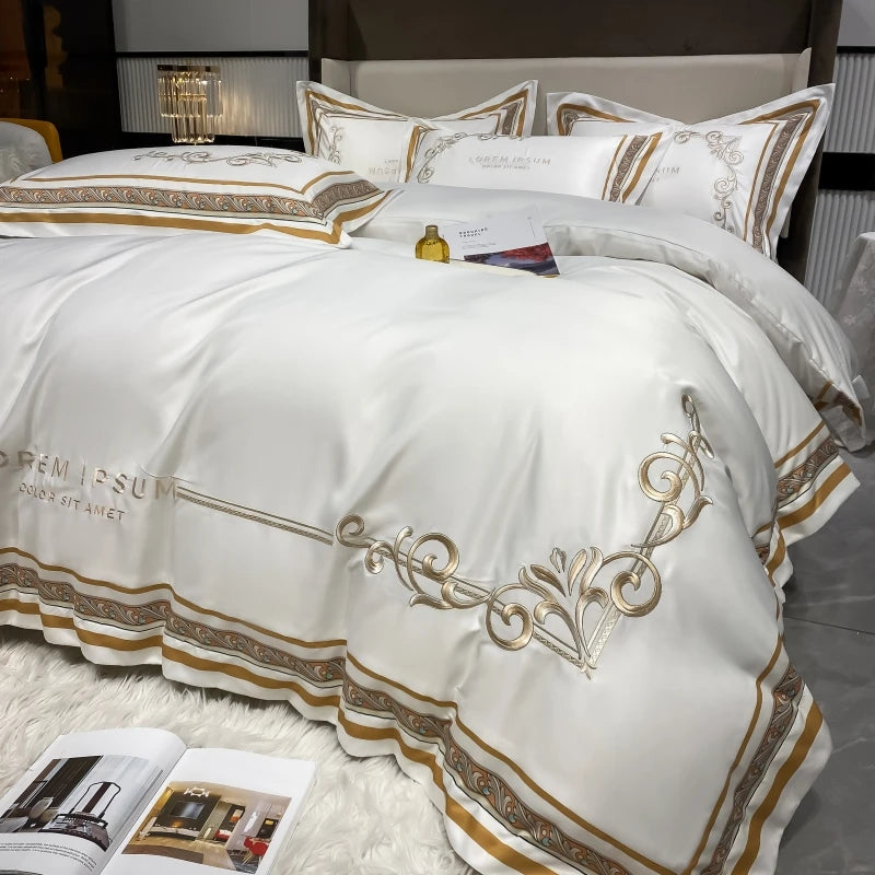 European Style Gold Edge Embroidered Bedding Set Luxury White Satin Cotton Duvet Cover Bed Sheets Pillowcases King Queen Size