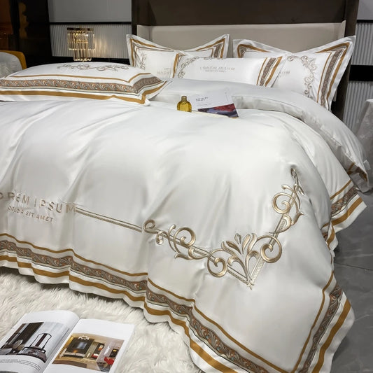 European Style Gold Edge Embroidered Bedding Set Luxury White Satin Cotton Duvet Cover Bed Sheets Pillowcases King Queen Size