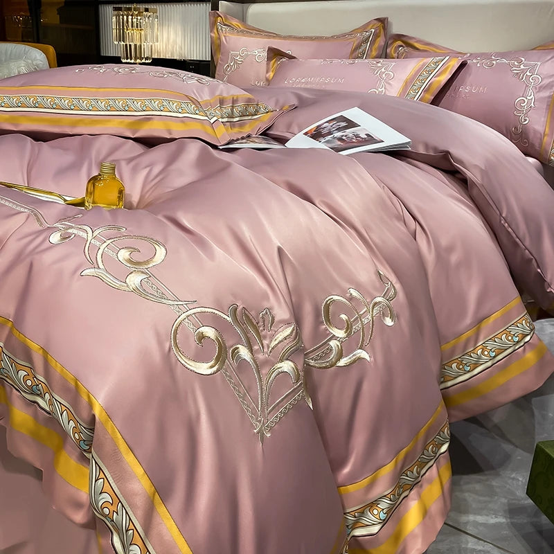European Style Gold Edge Embroidered Bedding Set Luxury White Satin Cotton Duvet Cover Bed Sheets Pillowcases King Queen Size