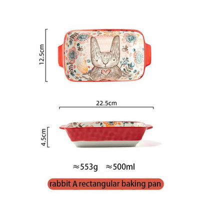 Forest Animals Ceramic Bakeware with Handle - Underglaze Baking Pan & Salad Bowl