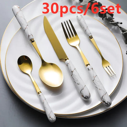 30pcs Cutlery Sets Gold Fork Spoon Knife Set Ceramic Tableware 304 Stainless Steel Dinner Set Cutlery Spoons Sets DropShipping