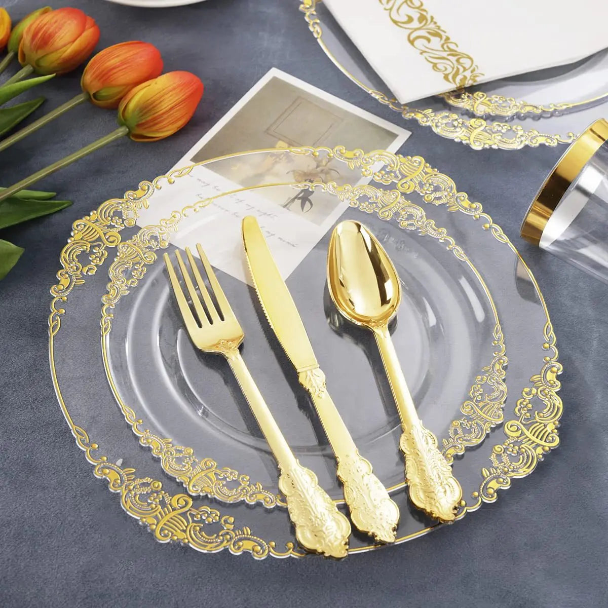70Pcs Disposable Tableware Transparent Flower Petal Shape Gold Rim Plastic Plate Cup Silverware Birthday Wedding Party Supplies