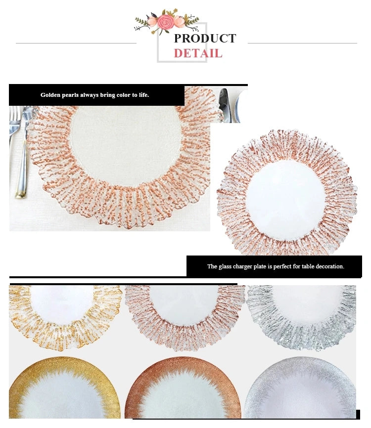 Flower Shaped Gold Silver Decal Rim, Transparent Glass Charger Plate, Wedding Party Decoration, Tableware Tray, Show Plate