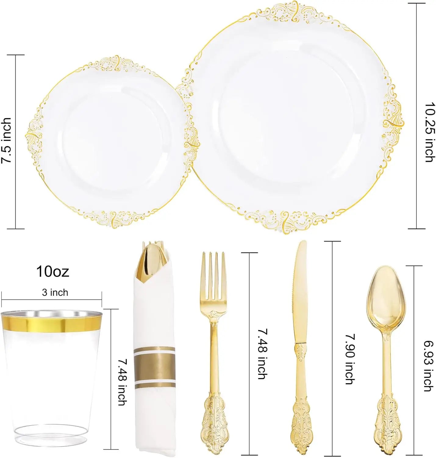 350pcs Plastic Plates - Gold Plastic Dinnerware Set Includes: 50 10.25”Dinner Plates,50 7.5” Dessert Plate, 50 Cups, 50 Napkin