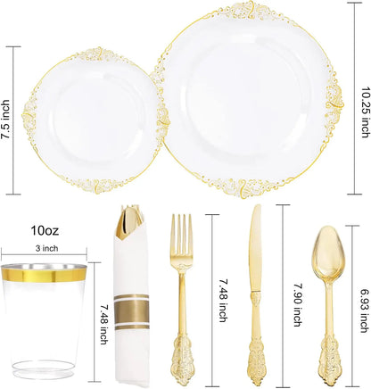 350pcs Plastic Plates - Gold Plastic Dinnerware Set Includes: 50 10.25”Dinner Plates,50 7.5” Dessert Plate, 50 Cups, 50 Napkin