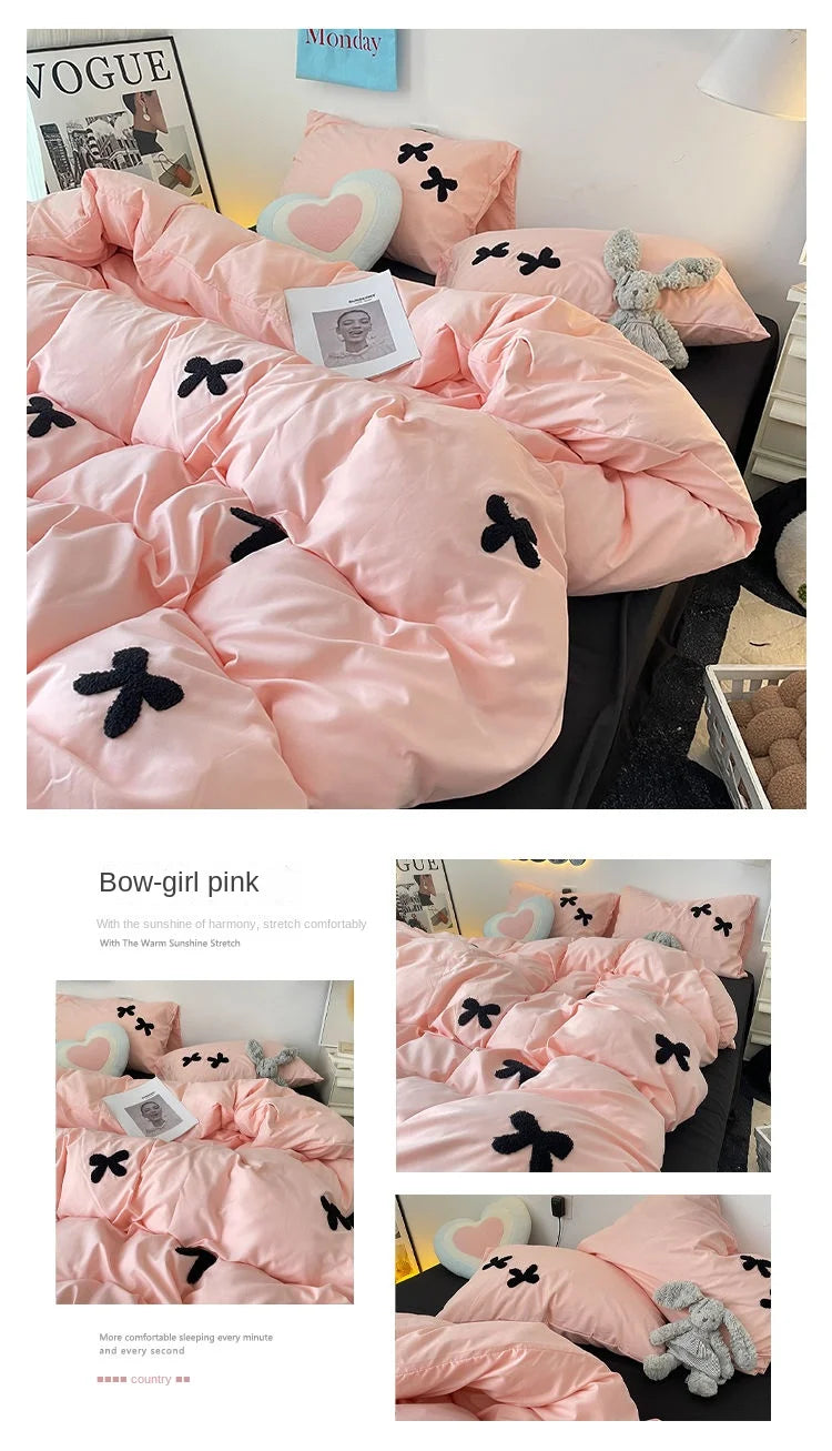 Bedding Set 2024 New Ins Style  Minimalist Blue Washing Cotton black bow towel Embroidered Four PIECE Set, 1.5 Bed Sheets