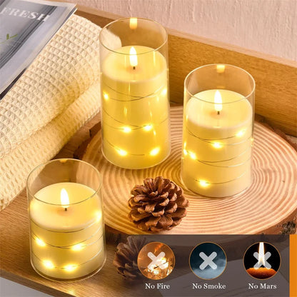 Flickering Flameless Candles 3D Wick Built-in Star String Light Acrylic Battery Operated LED Pillar Candles with Remote and Time