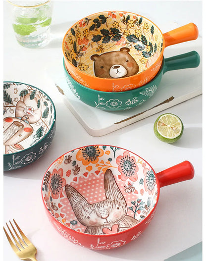 YWDL 500ml Ceramic Bakeware - Forest Animals Baking Pan with Handle