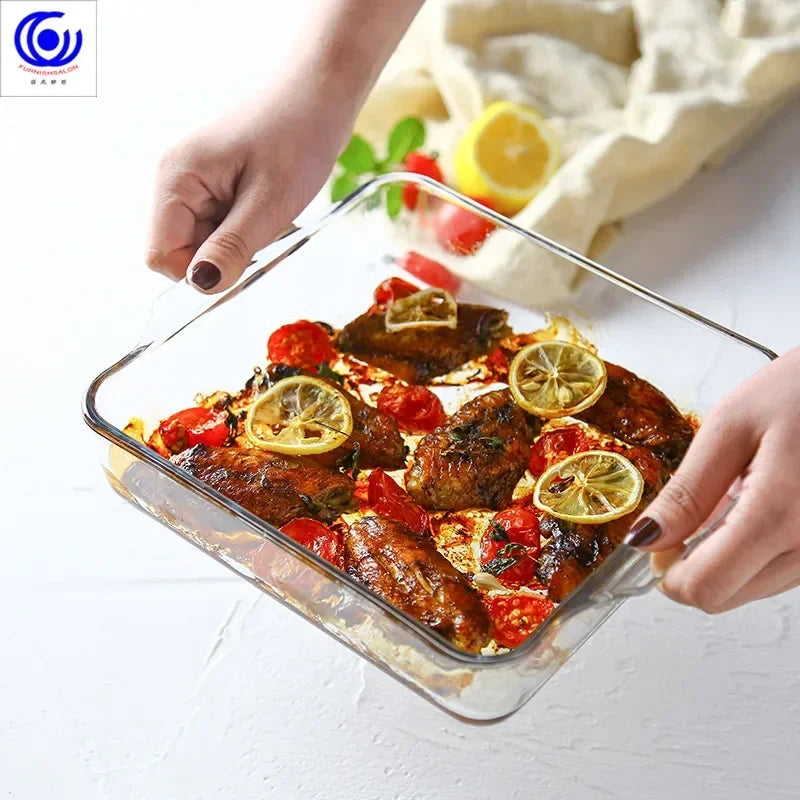 Large Capacity Toughened Glass Baking Dish Pan Oven Basics Plate Bakeware Non-Stick Kitchen Tool Cheese Rice Storage Tray