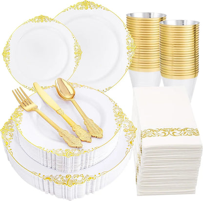 350pcs Plastic Plates - Gold Plastic Dinnerware Set Includes: 50 10.25”Dinner Plates,50 7.5” Dessert Plate, 50 Cups, 50 Napkin