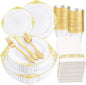 350pcs Plastic Plates - Gold Plastic Dinnerware Set Includes: 50 10.25”Dinner Plates,50 7.5” Dessert Plate, 50 Cups, 50 Napkin