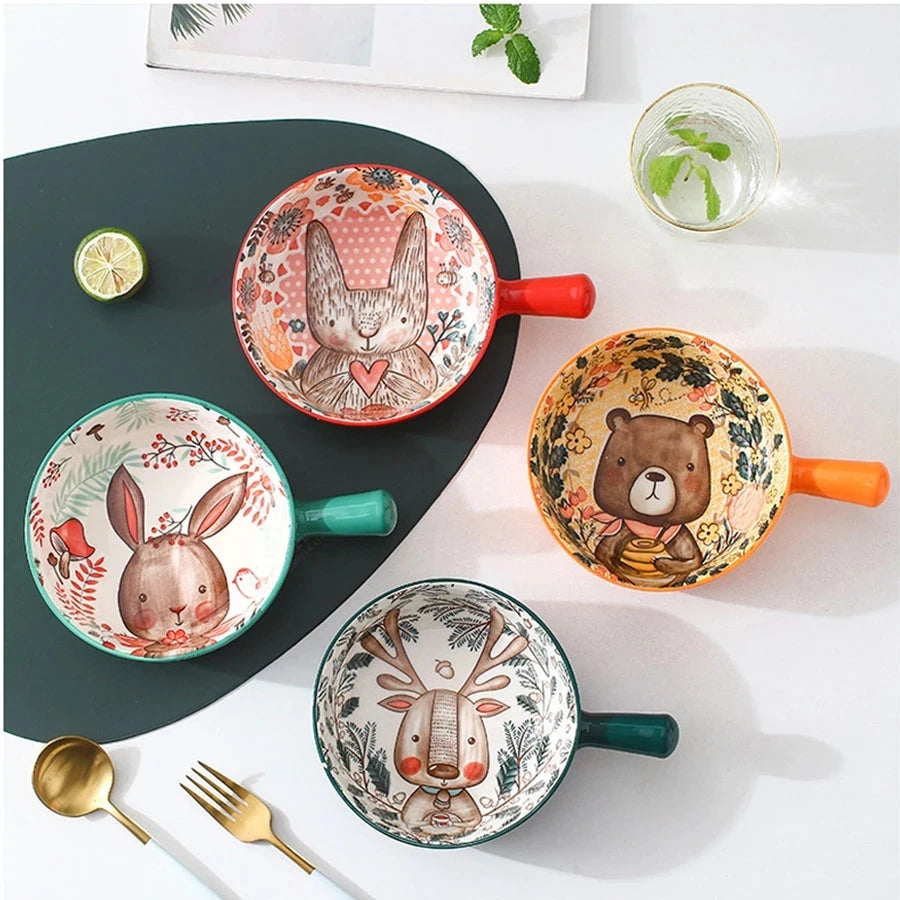 Forest Animals Ceramic Bakeware with Handle - Underglaze Baking Pan & Salad Bowl