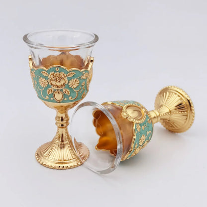 Vintage Wine Goblet Set of 2 - Palace Style Metal Embossed Toasting Glasses