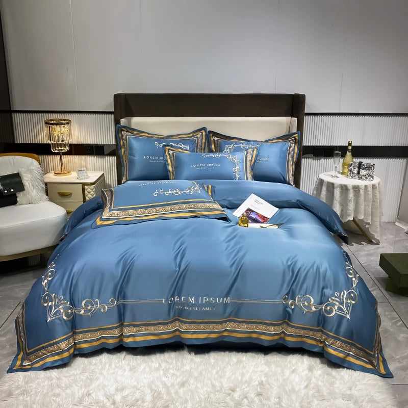 European Style Gold Edge Embroidered Bedding Set Luxury White Satin Cotton Duvet Cover Bed Sheets Pillowcases King Queen Size