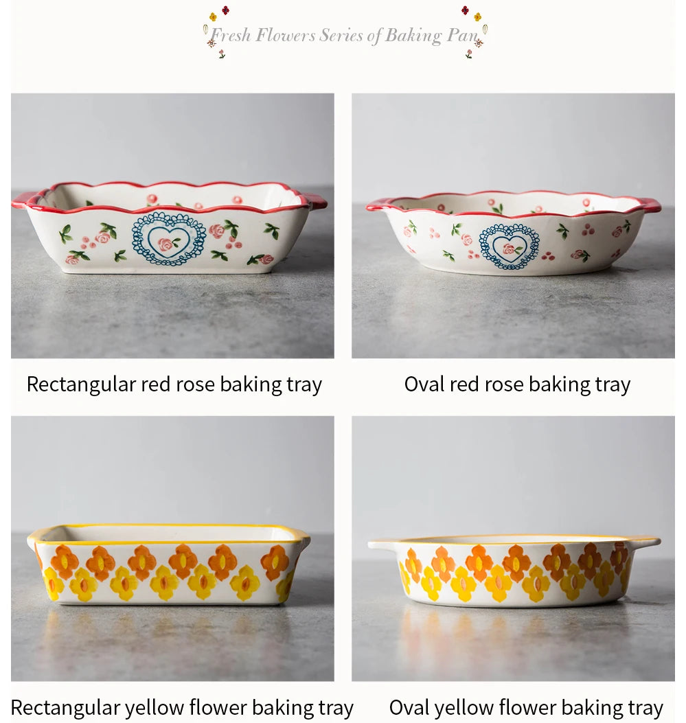 Flowers Ceramic Baking Dish with Handle - Oval Roasting Pan for Lasagna
