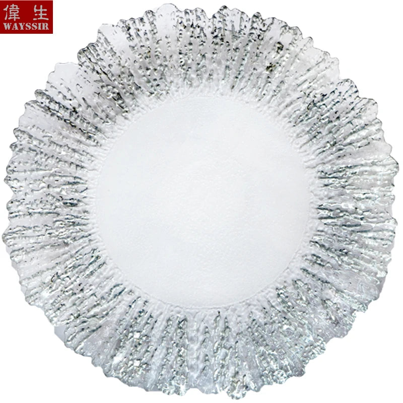 Flower Shaped Gold Silver Decal Rim, Transparent Glass Charger Plate, Wedding Party Decoration, Tableware Tray, Show Plate