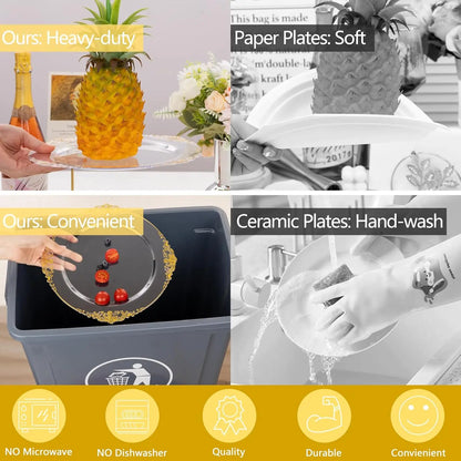 350pcs Plastic Plates - Gold Plastic Dinnerware Set Includes: 50 10.25”Dinner Plates,50 7.5” Dessert Plate, 50 Cups, 50 Napkin