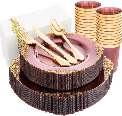 350pcs Plastic Plates - Gold Plastic Dinnerware Set Includes: 50 10.25”Dinner Plates,50 7.5” Dessert Plate, 50 Cups, 50 Napkin