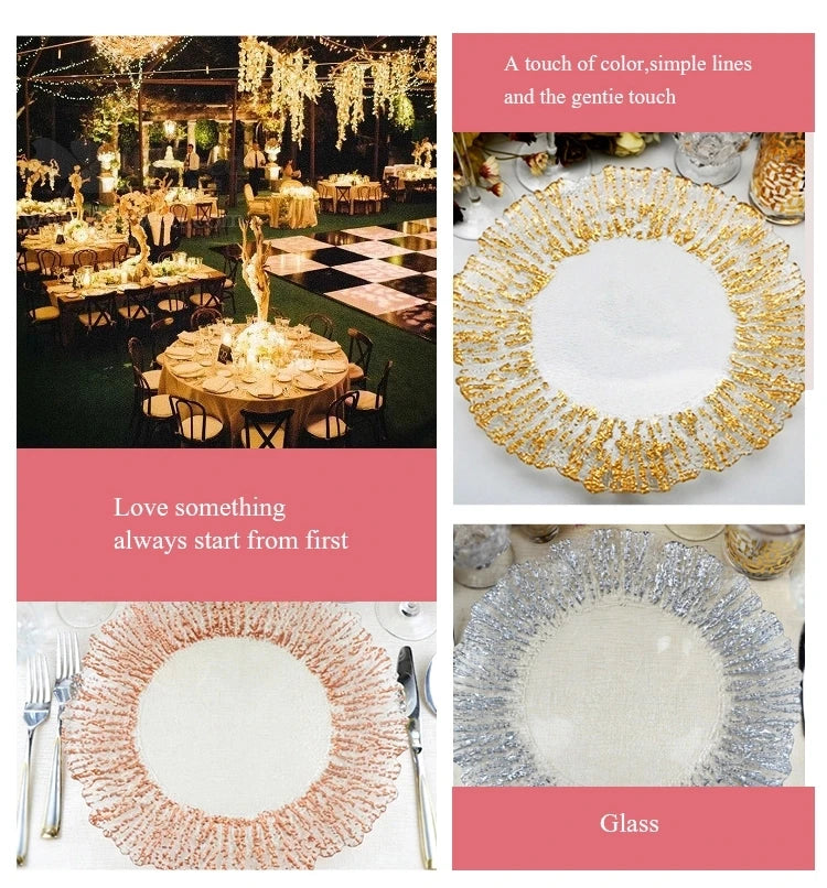 Flower Shaped Gold Silver Decal Rim, Transparent Glass Charger Plate, Wedding Party Decoration, Tableware Tray, Show Plate