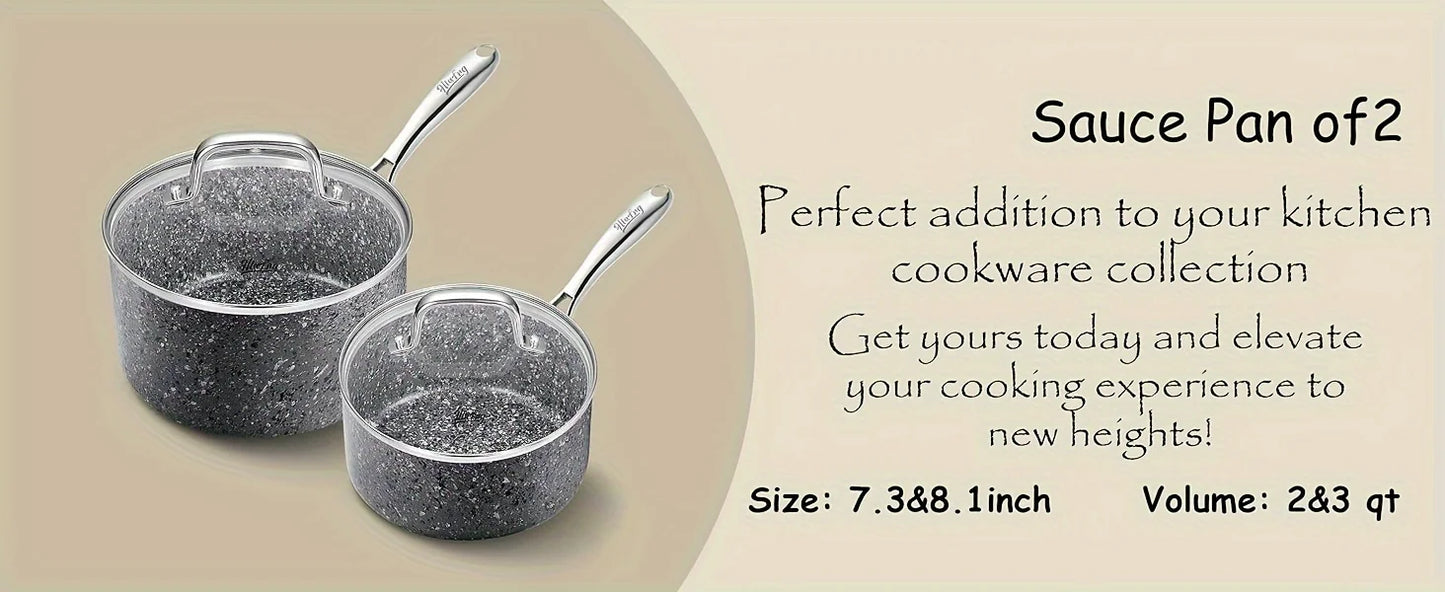 HLAFRG Nonstick Sauce Pan Set - 2Qt & 3Qt Natural Granite Pots with Lids