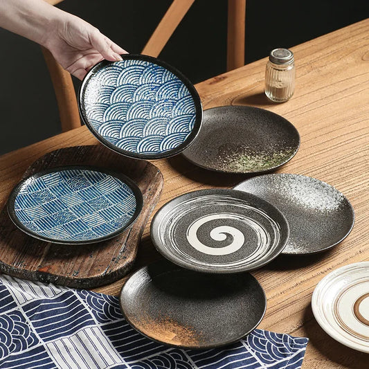 Japanese-style Ceramic Household Shallow Plate Flat Plate Western Food Plate Senior Hotel Tableware Steak Tray Retro Dish Tray