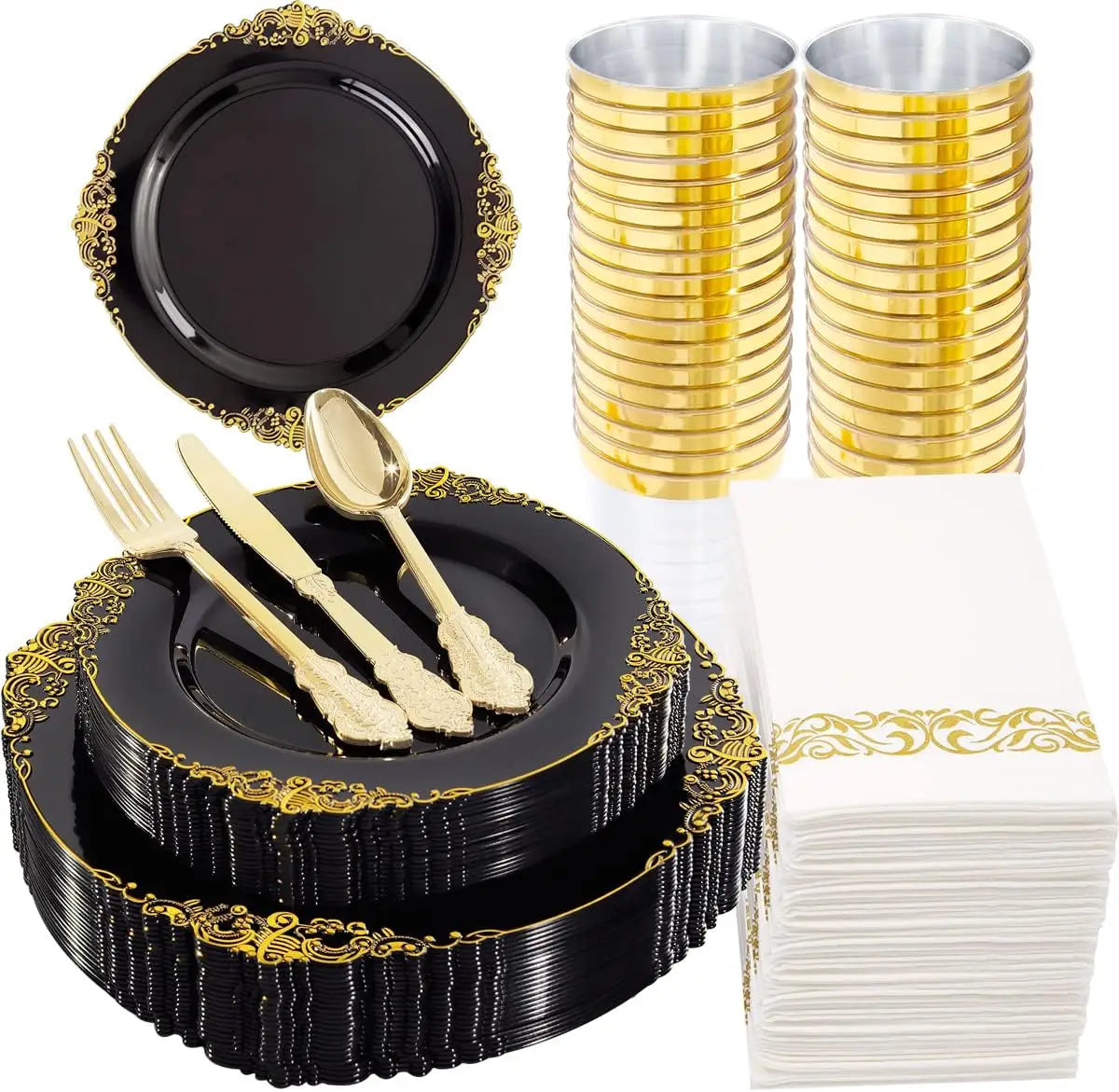 350pcs Plastic Plates - Gold Plastic Dinnerware Set Includes: 50 10.25”Dinner Plates,50 7.5” Dessert Plate, 50 Cups, 50 Napkin