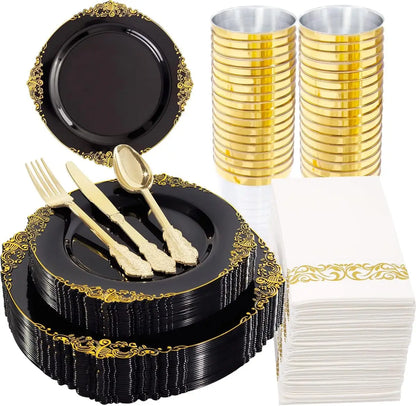 350pcs Plastic Plates - Gold Plastic Dinnerware Set Includes: 50 10.25”Dinner Plates,50 7.5” Dessert Plate, 50 Cups, 50 Napkin