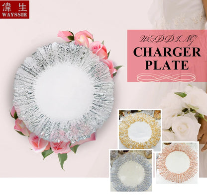 Flower Shaped Gold Silver Decal Rim, Transparent Glass Charger Plate, Wedding Party Decoration, Tableware Tray, Show Plate