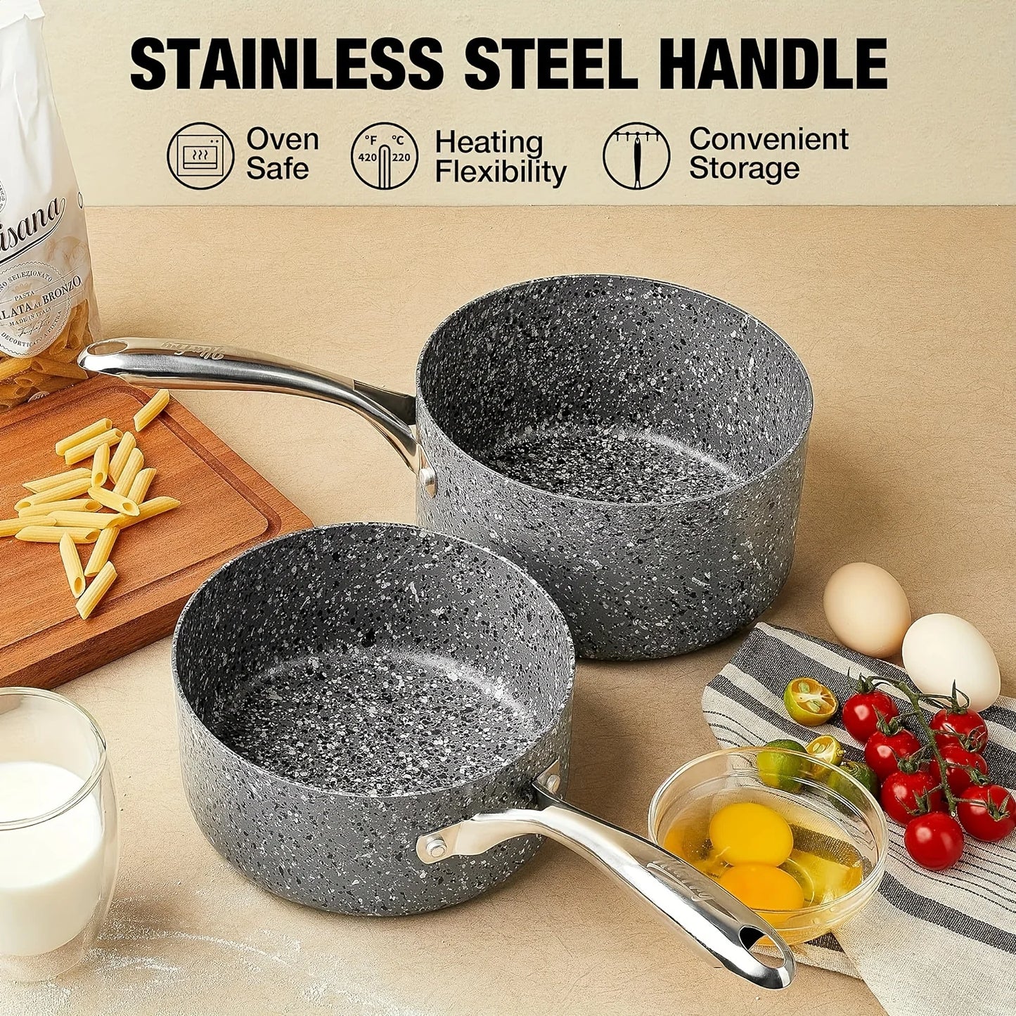 HLAFRG Nonstick Sauce Pan Set - 2Qt & 3Qt Natural Granite Pots with Lids