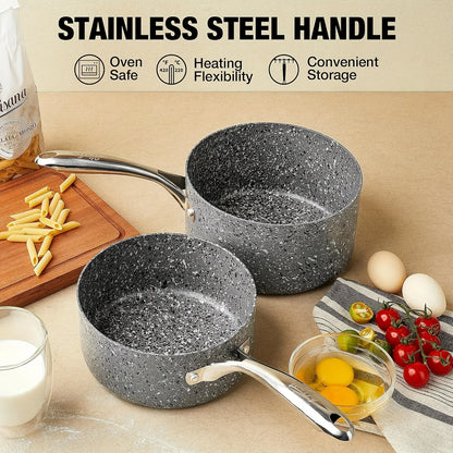 HLAFRG Nonstick Sauce Pan Set - 2Qt & 3Qt Natural Granite Pots with Lids