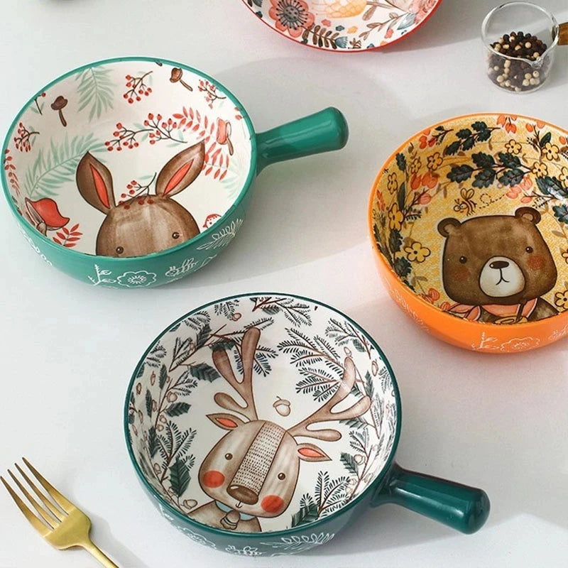 Forest Animals Ceramic Bakeware with Handle - Underglaze Baking Pan & Salad Bowl